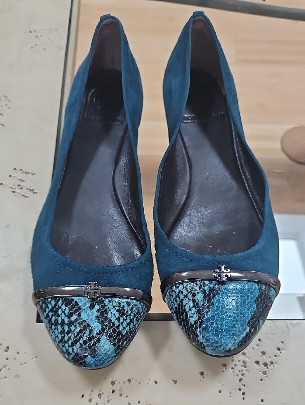 Tory Burch Teal Suede Pointed-Toe Flats with Blue Snake-Print Cap